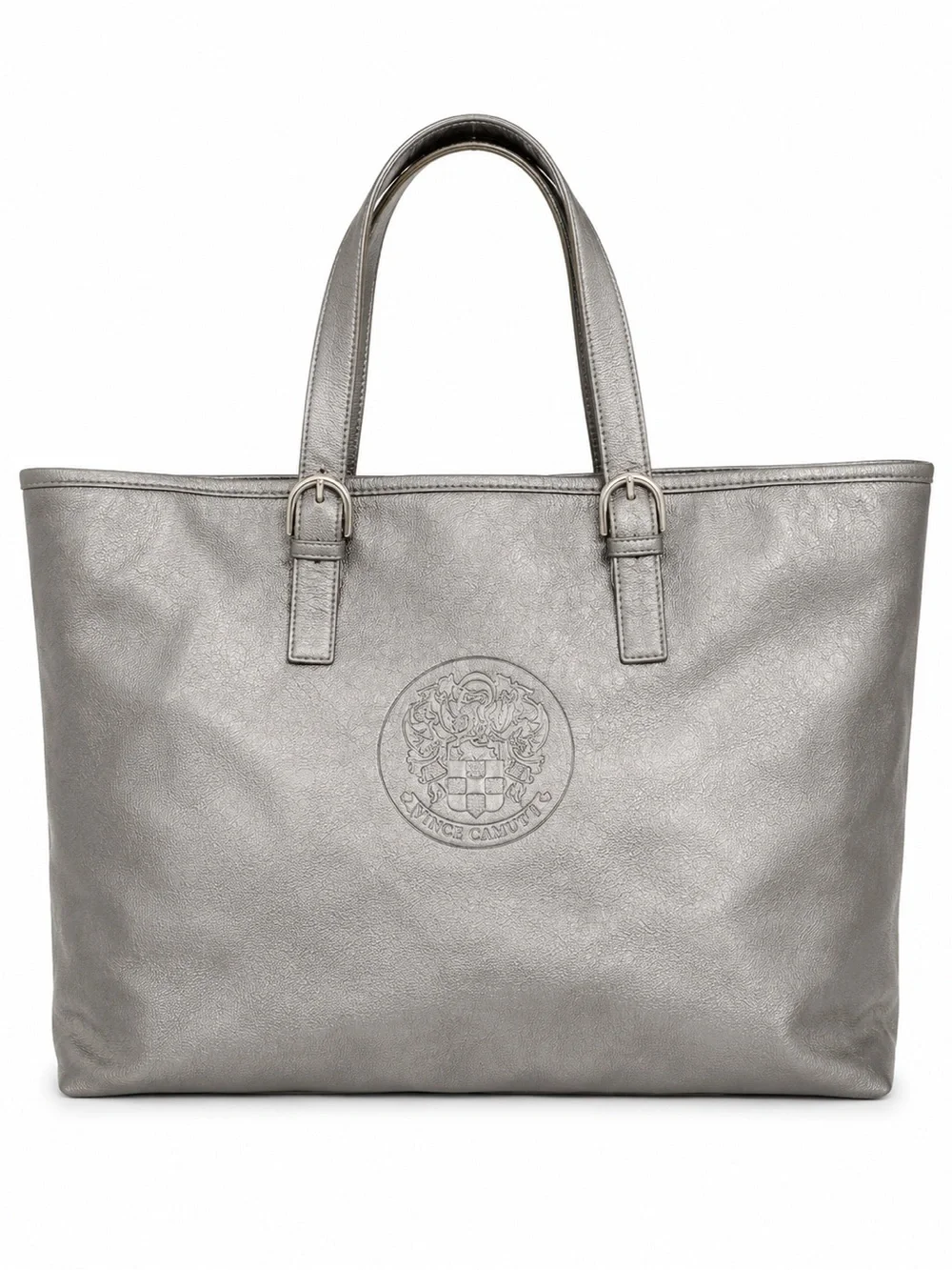 Vince Camuto Metallic Pewter Silver Large Tote Bag Hot Pink Lining